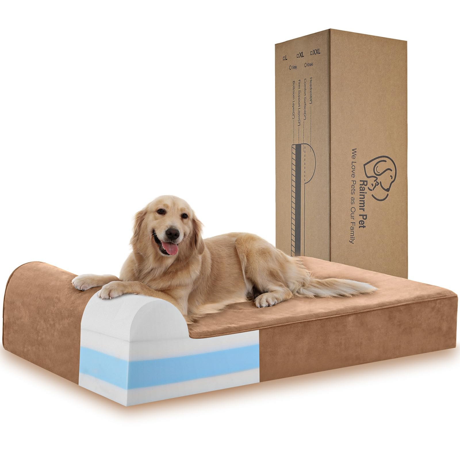 Rainmr 7 Inch Orthopedic Dog Bed For Large Dogs - Microsuede Cover/Waterproof Inner Case - With 4 Inch Headrest Memory Foam Dog 