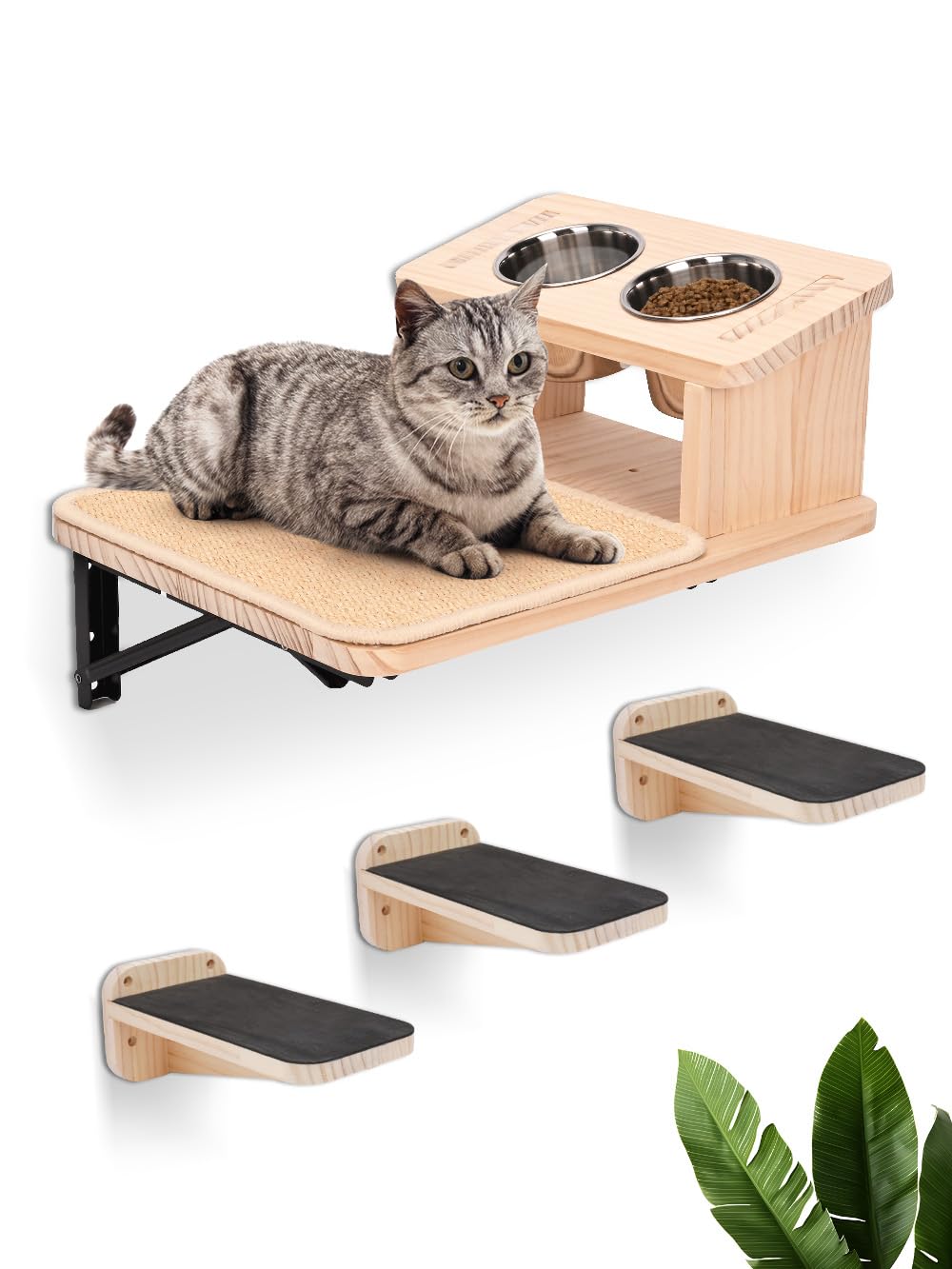 Cat Wall Shelves With 3 Cimbing Steps Wall-Mounted Cat Shelf Dogproof Feeding Bowls Station Cats Hammock And Perches For Wall Fu