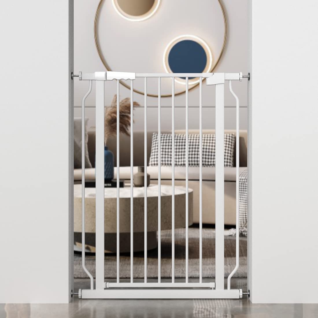WAOWAO Extra Tall 40.55'' Baby Gate 29.53''-32.68'' Wide Pressure Mounted Walk Through Swing Auto Close Safety White Metal Toddl