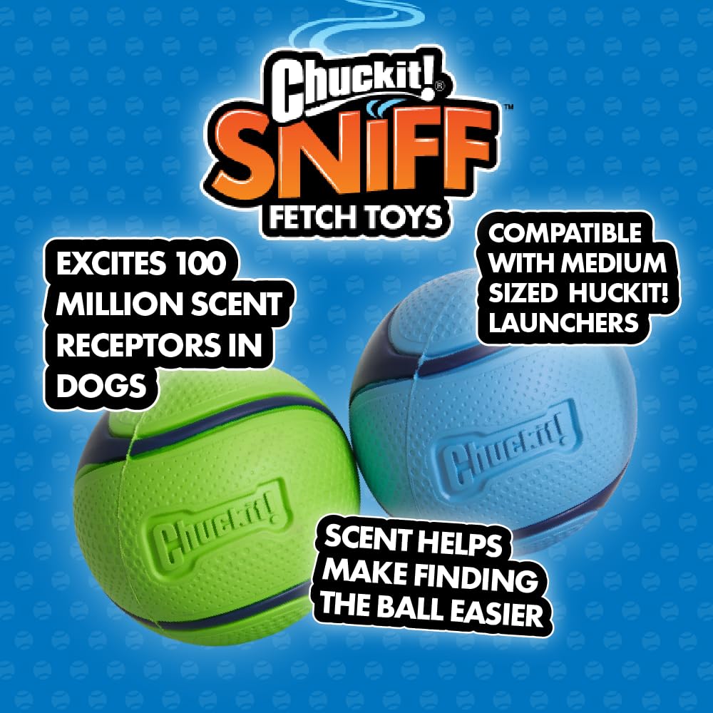 Chuckit! Sniff Ball Dog Toy, Durable High Bounce Bacon And Peanut Butter Scented Rubber Dog Ball Fetch Toy, Medium, 2 Pack