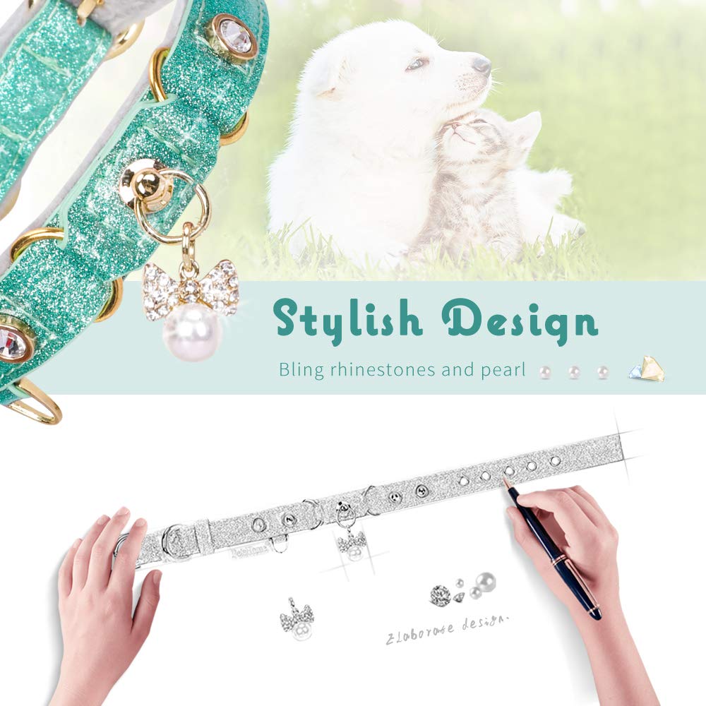 Petshome Cat Collar, Dog Collar, [Bling Rhinestones] Pu Leather Adjustable Pet Collar With Luxury Pendant For Big Cat And Small To Medium Dog Small Mint Green