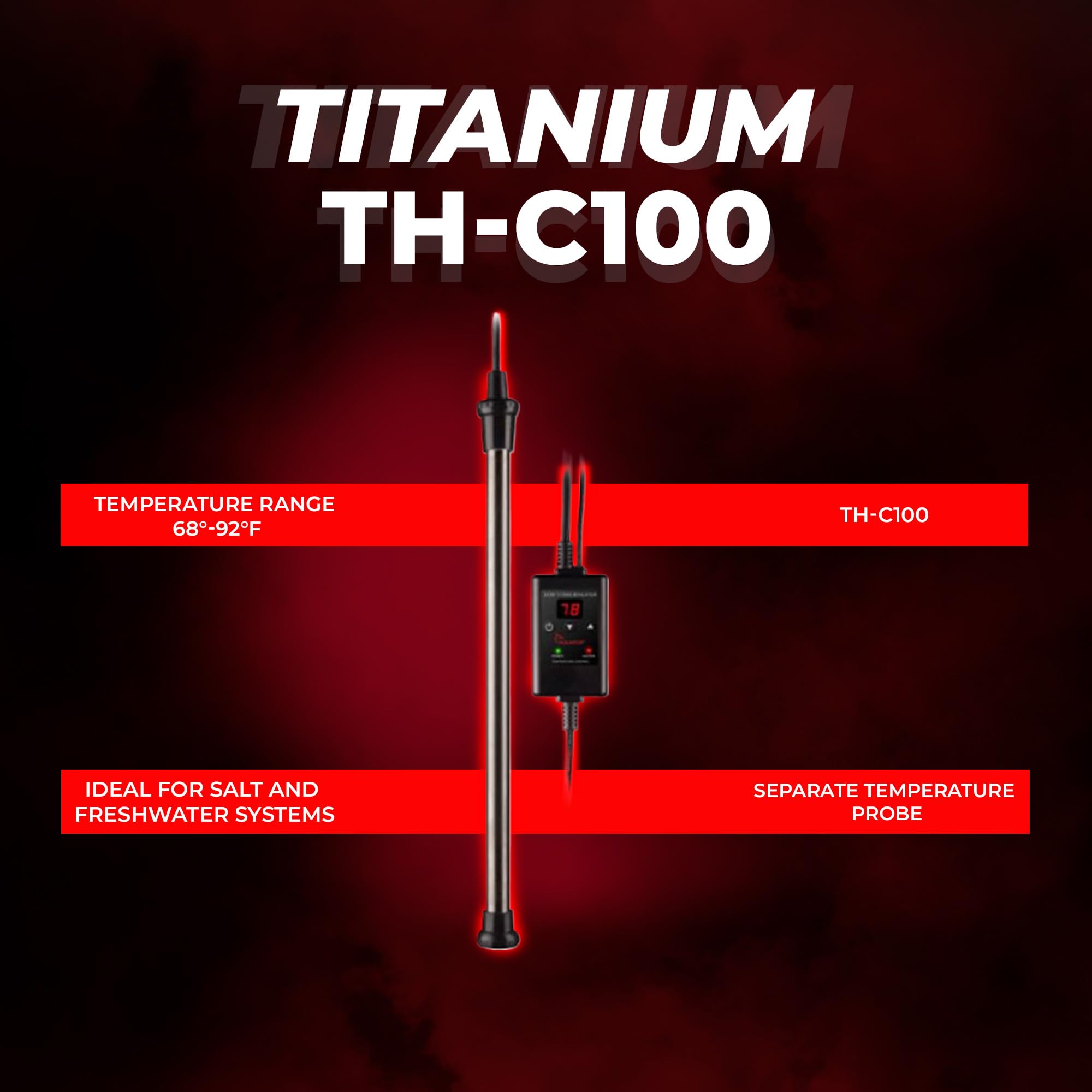 Aquatop TH-C100 Titanium Heater - Fully Submersible, Adjustable Temp, 100W for Turtles & Large Fish, Up to 35 Gallons