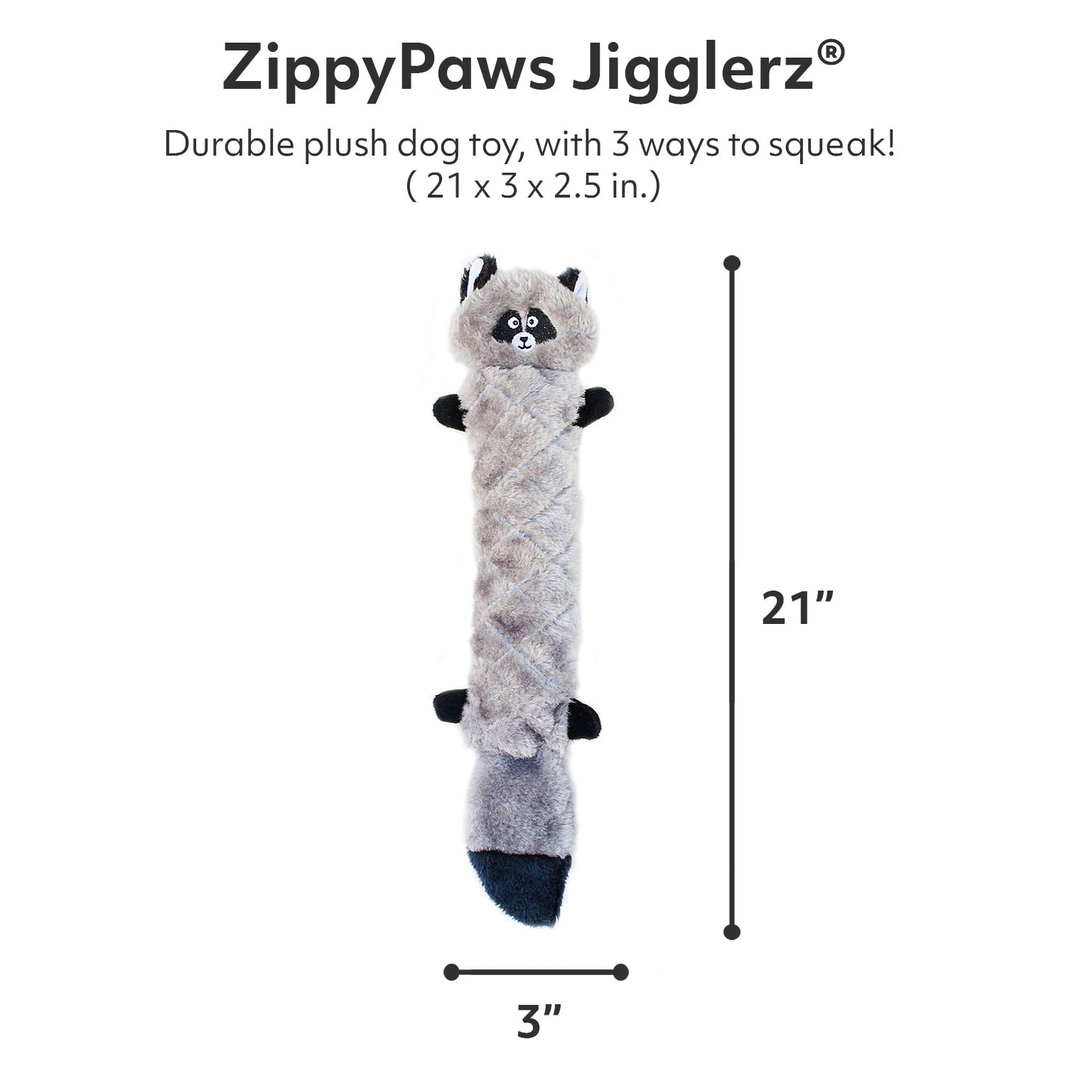 Zippypaws Jigglerz - Zippy Paws Dog Toy For Large And Small Dogs, Squeaky Plush Tug Toy With No Stuffing, Squeaky Interactive Dog Toys With Crinkle Head And Tail, Raccoon