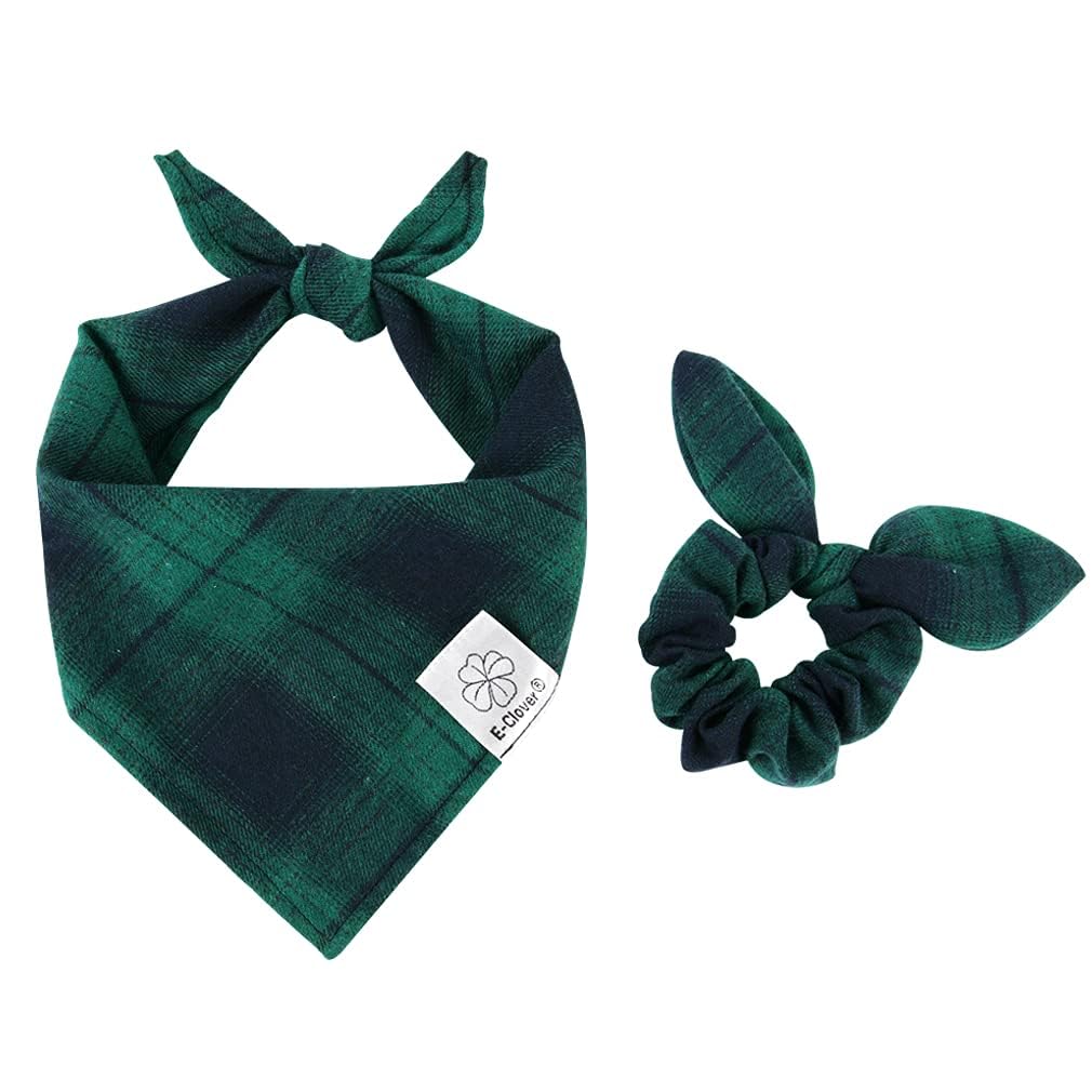 E-Clover Spring Dog Bandanas Boy & Matching Scrunchie Set Plaid Dog Bibs Scarf Triangle Kerchief Bandana For Medium Large Dogs B
