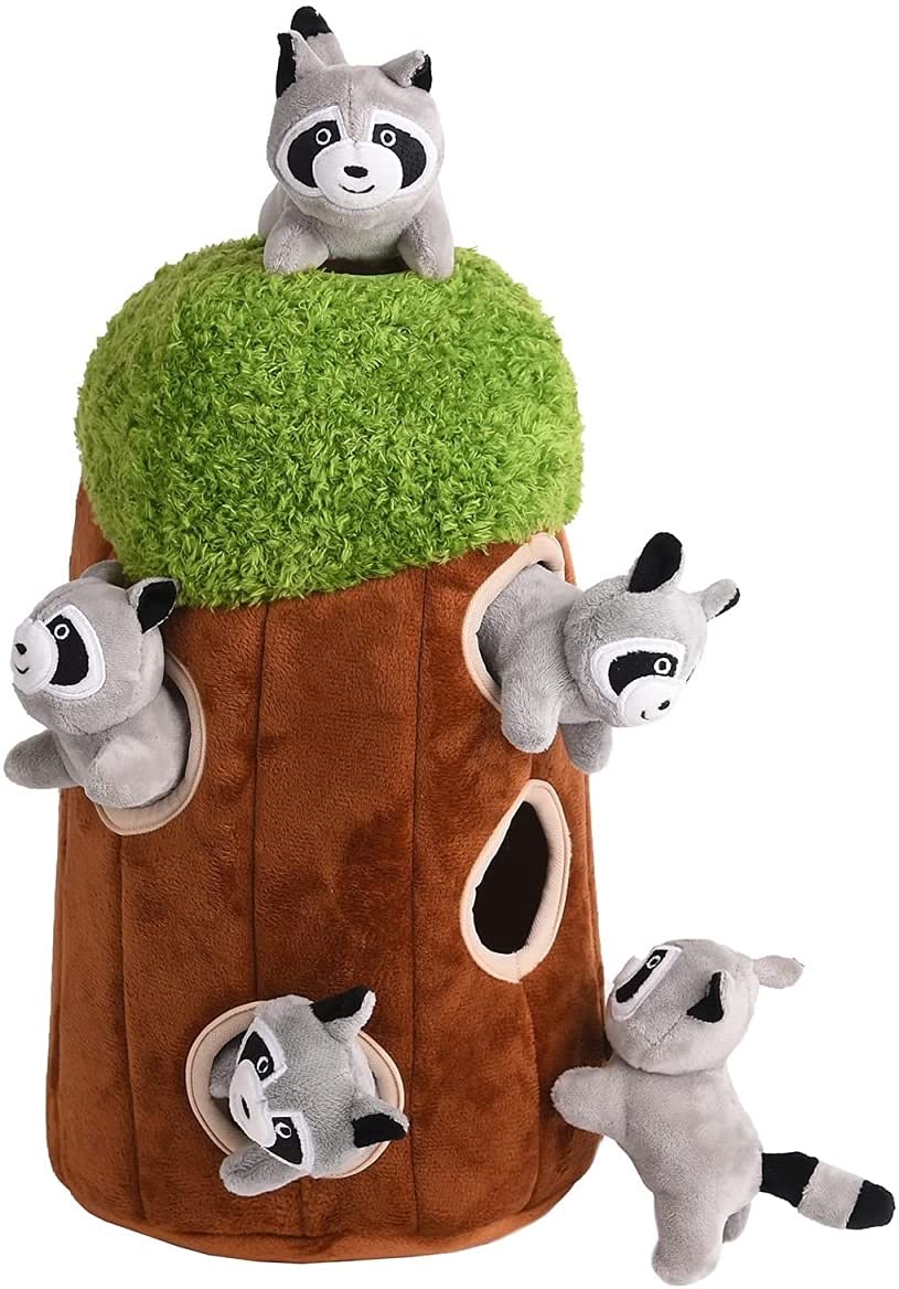 Glow Pups Dog Puzzle Plush Toy Tree with Squeaky Raccoons, Interactive Hide and Seek Fun, Promotes Mental Stimulation, Large Siz
