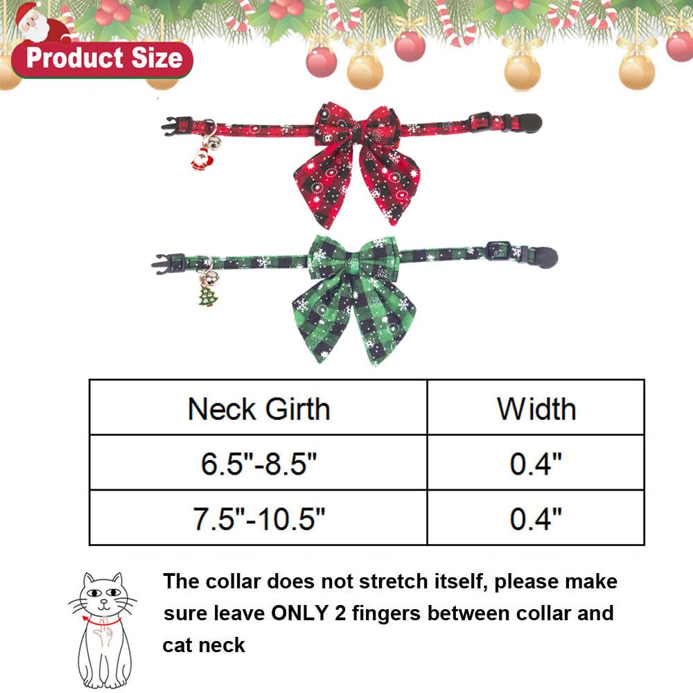 Adoggygo Christmas Cat Collars Breakaway With Stylish Bow, 2 Pack Red Green Plaid Christmas Kitten Collar With Bell, Removable Bowtie Cat Christmas Collar For Cats Kittens (6.5'- 8.5', Bow-2)