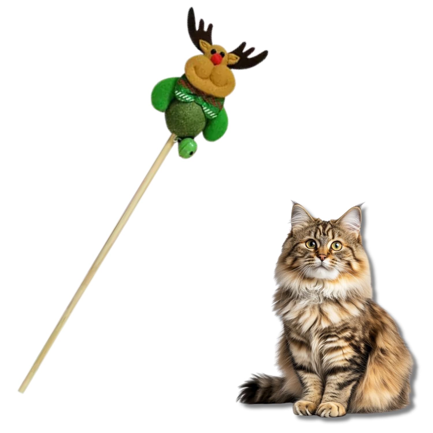 Cature Cat Teaser Wand Toy With Plush Reindeer, Catnip Ball & Bell, Wooden Stick Interactive Toy For Exercise, Hunting Play For 