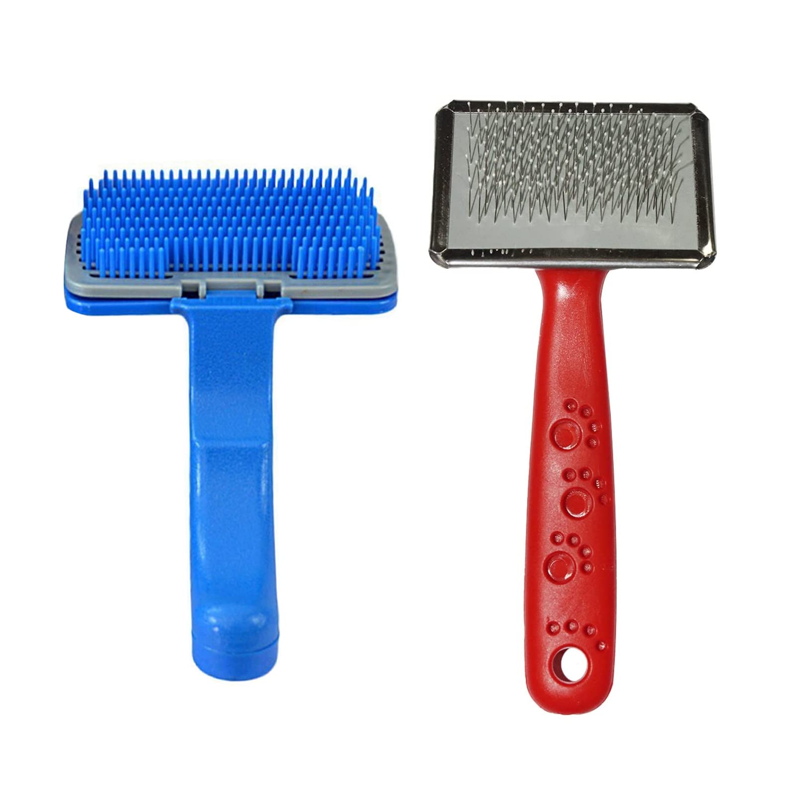 Emily Pets 2 in 1 Grooming Set Plastic Paw Print Handle Steel Head Brush And Flexible Pins And Plastic Slicker Brush with Press 