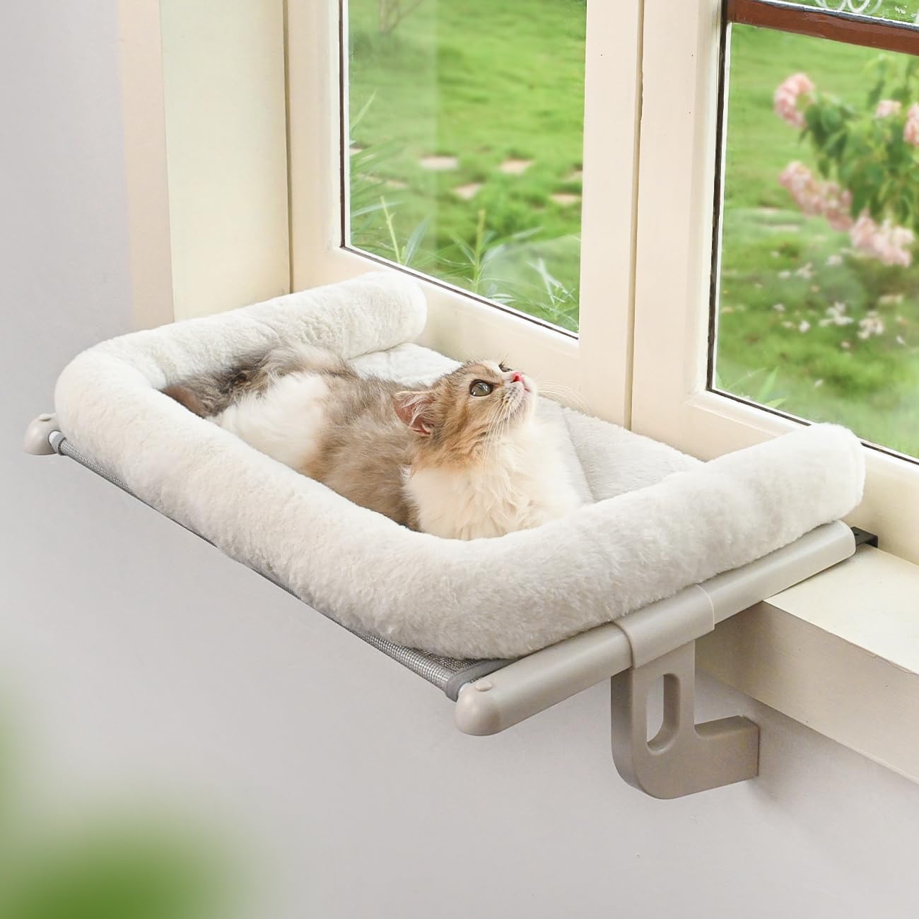 Zoratoo Cat Window Sill Perch With Large Bolster, Easy To Adjust & Assemble Cat Window Seat For Windowsill & Bedside, Pet Hammoc