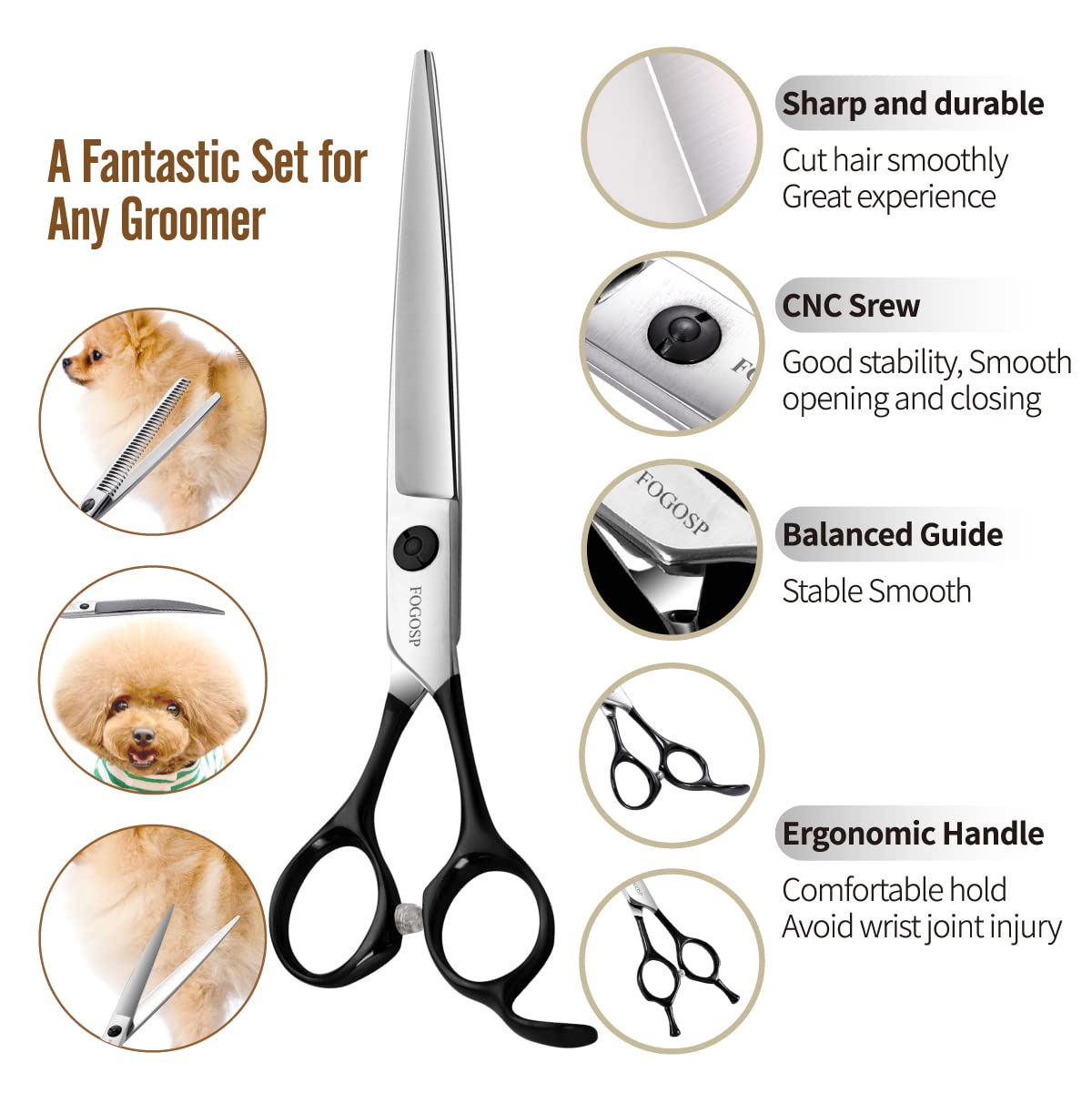 Professional Dog Grooming Scissors Kit 4Pcs Fogosp 7 Inch Curved Thinning Straight Chunker Shears For Dogs Cat Pets (7 In Kit, B
