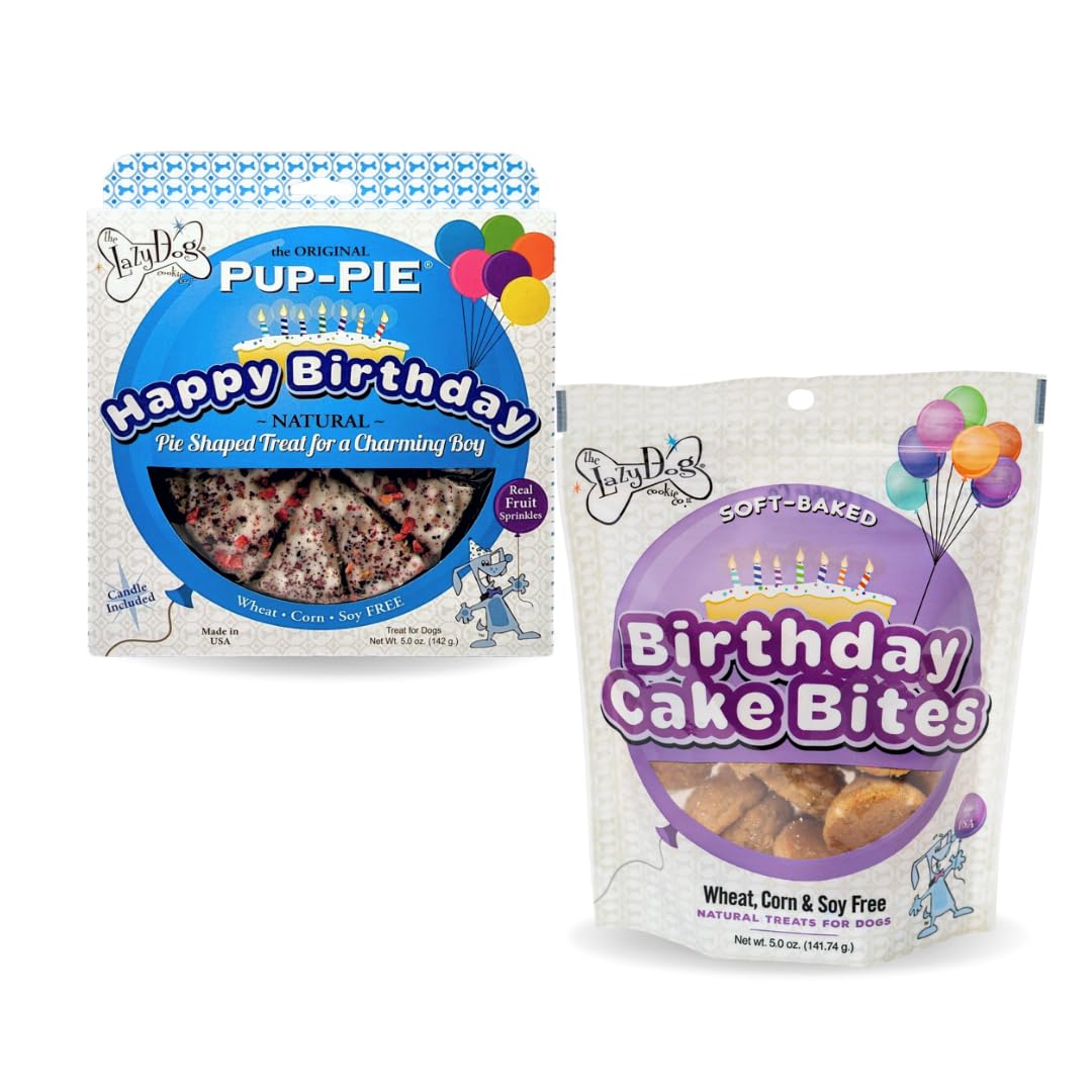 The Lazy Dog Cookie Co. - Original Pup-Pie - Happy Birthday Dog Treat for a Charming Boy, 5 oz with Bag of 5oz Birthday Cake Bit