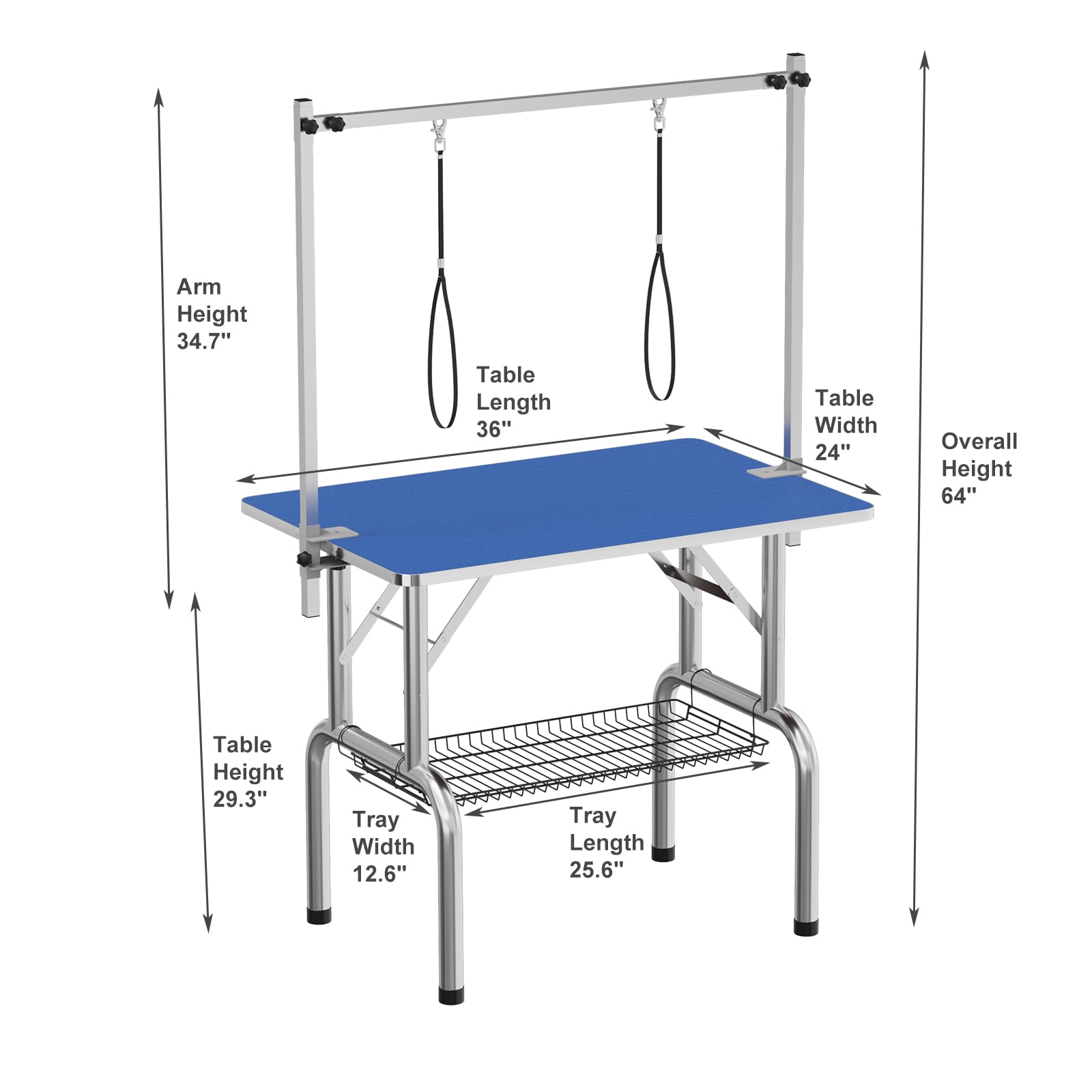 36 Professional Dog Pet Grooming Table Heavy Duty Adjustable with Overhead Arm, Two Grooming Noose Mesh Tray Blue