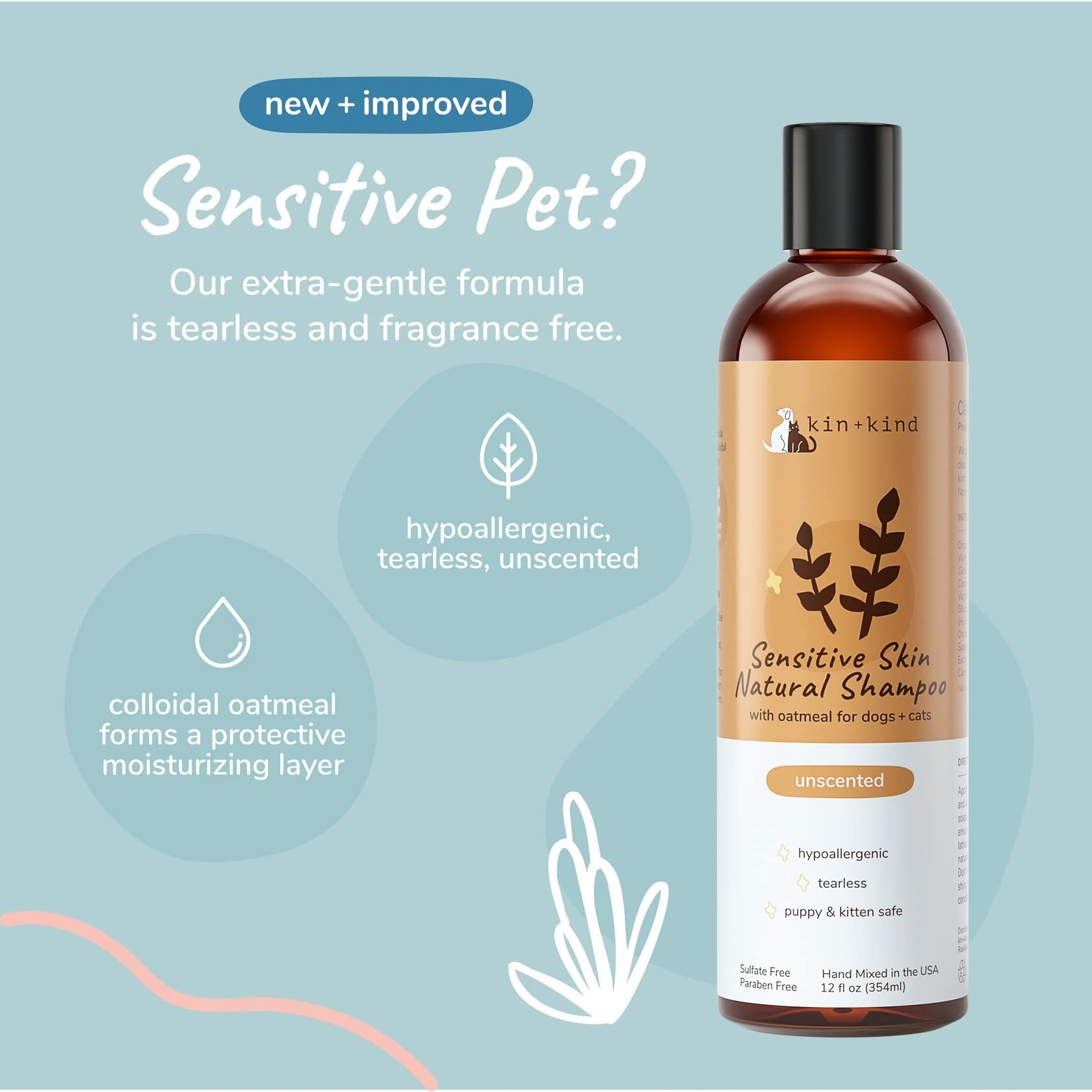 Oatmeal Shampoo For Dogs And Cats By Kin+Kind - Cat & Dog Shampoo For Sensitive Skin With Colloidal Oatmeal - Safe, Natural Formula With Olive Oil And Coconut Oil (12 Fl Oz) - Made In Usa