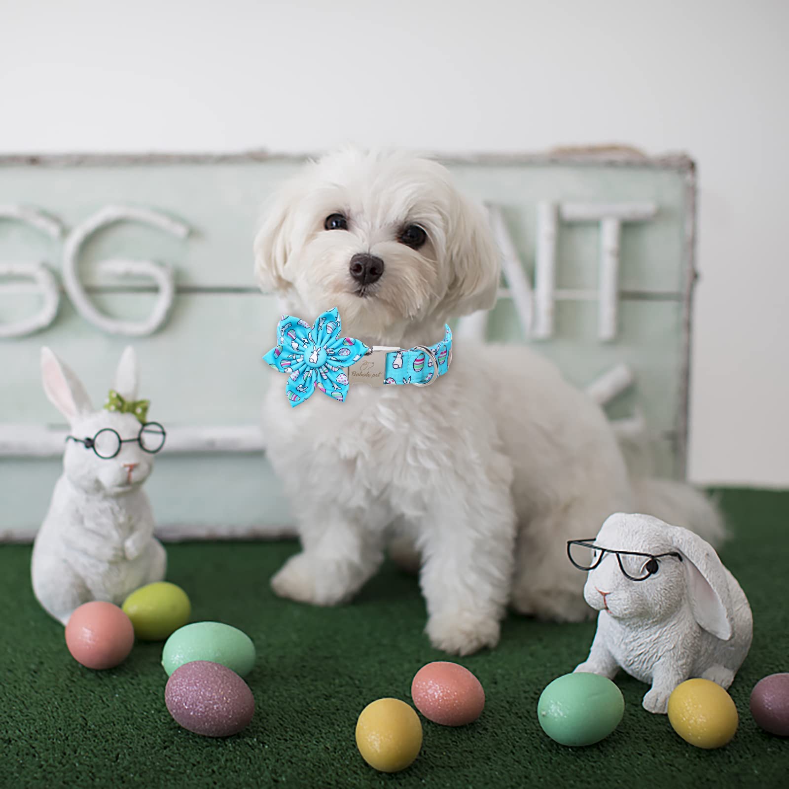 Babole Pet Dog Collar Easter Gift With Flower Tie, Rabbit Egg Male Dog Collar With Safety Metal Buckle Adjustable Puppy Collars For Small Medium Large Boy & Girl Dog,L-Neck 16'-24'