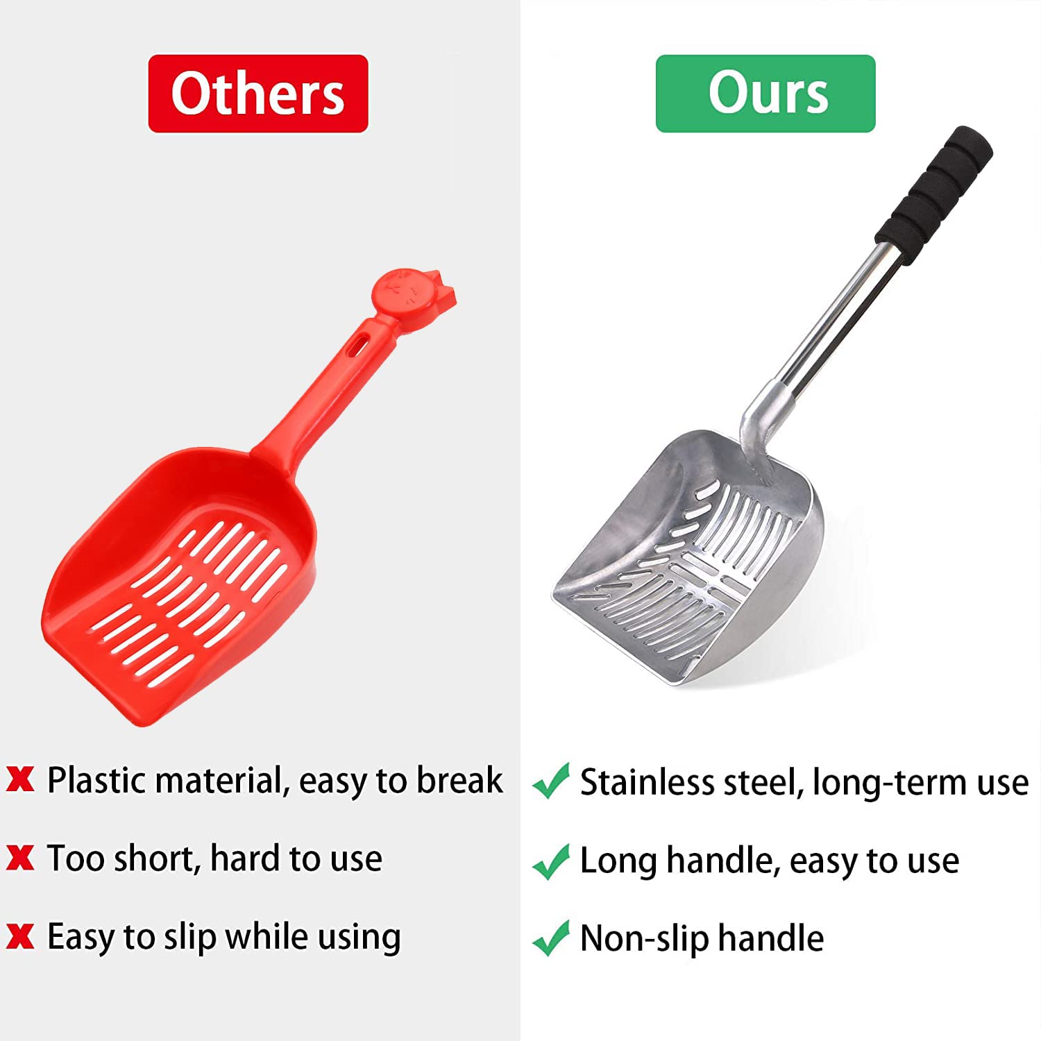 Cat Litter Scoop, Metal Long Handle Litter Scooper With Holder, Stainless Steel Detachable Litter Scoop With Foam Pad Grip, No B
