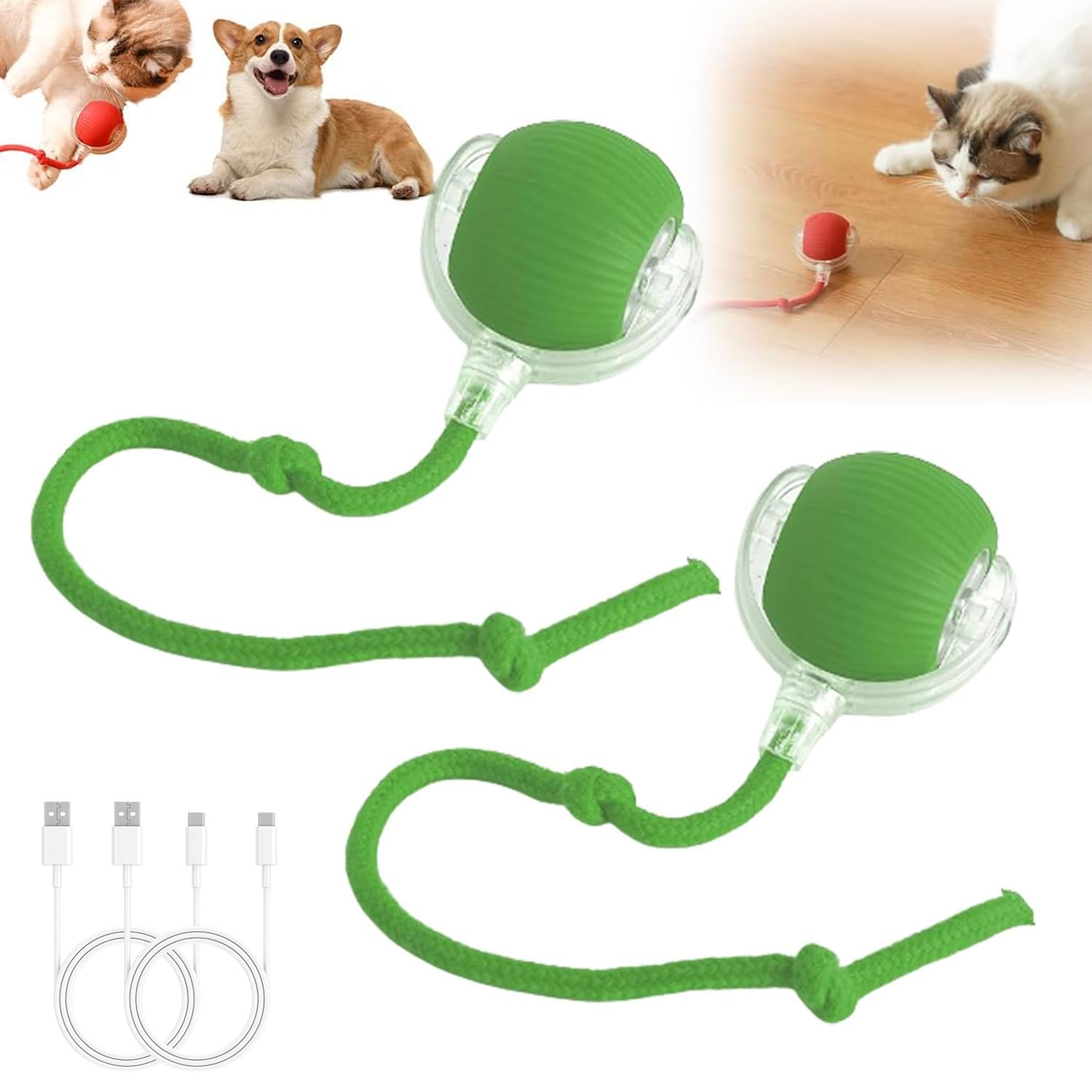 2Pc Interactive Cat Toys,360  Fully Automatic Dogs & Cats Smart Rolling Ball,Durable And Rechargeable (Green)
