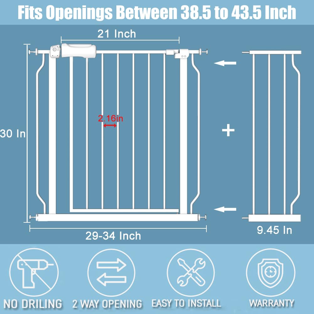 Flower Frail Extra Wide Baby Gate - 38.5-43.5" Pressure-Mounted Safety Gate for Dogs & Infants, White, Metal, Model A07W046