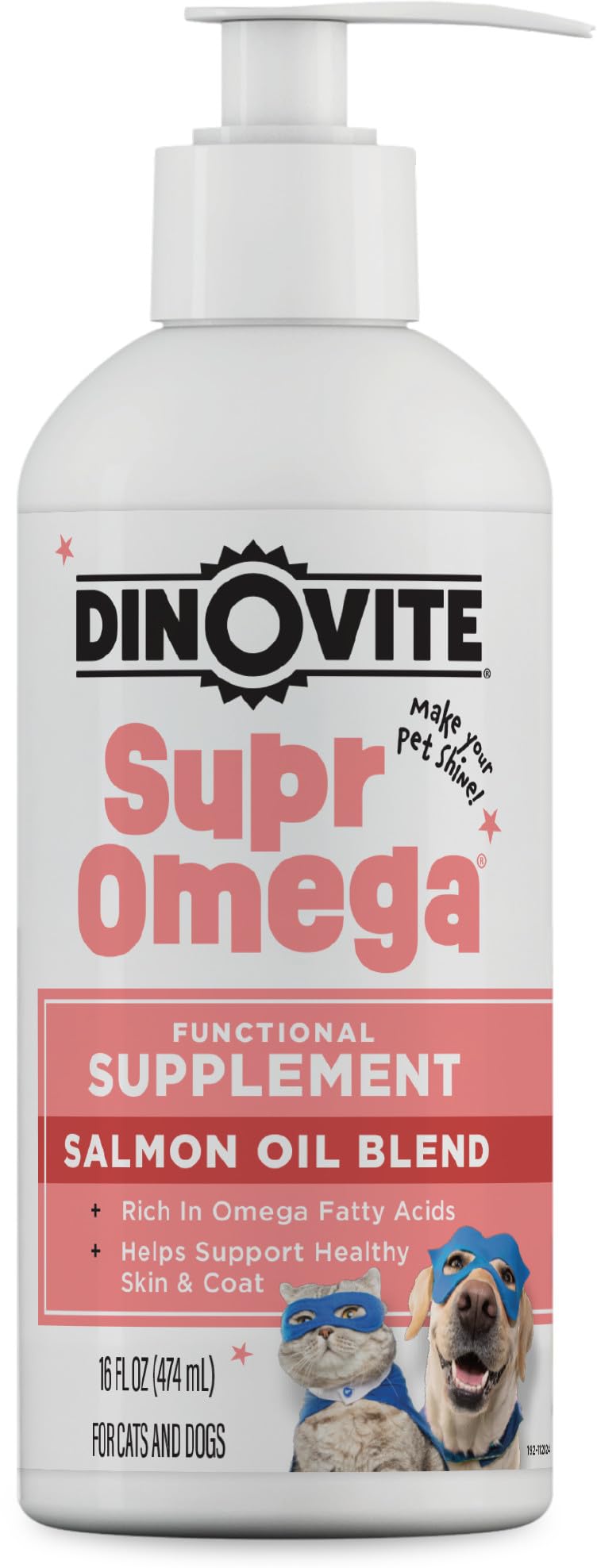 Dinovite SuprOmega Wild Caught Salmon Oil for Dogs & Cats - GMO Free Omega 3 Skin & Coat Supplement - Skin & Coat Meal Topper fo