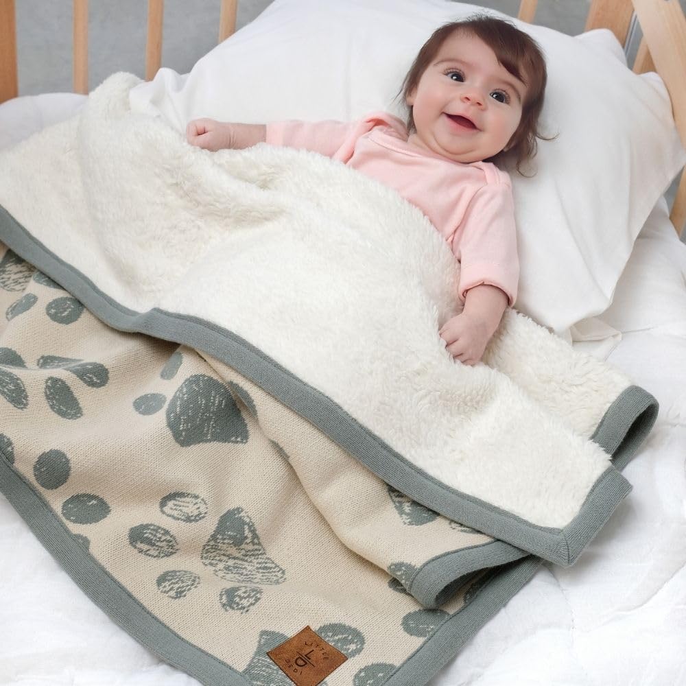 Little Dedi Small Pet Blanket - 100% Organic Cotton, Double Layer Plush Sherpa, Soft Plush, Green Jacquard Paw Knit, 30''X38'',