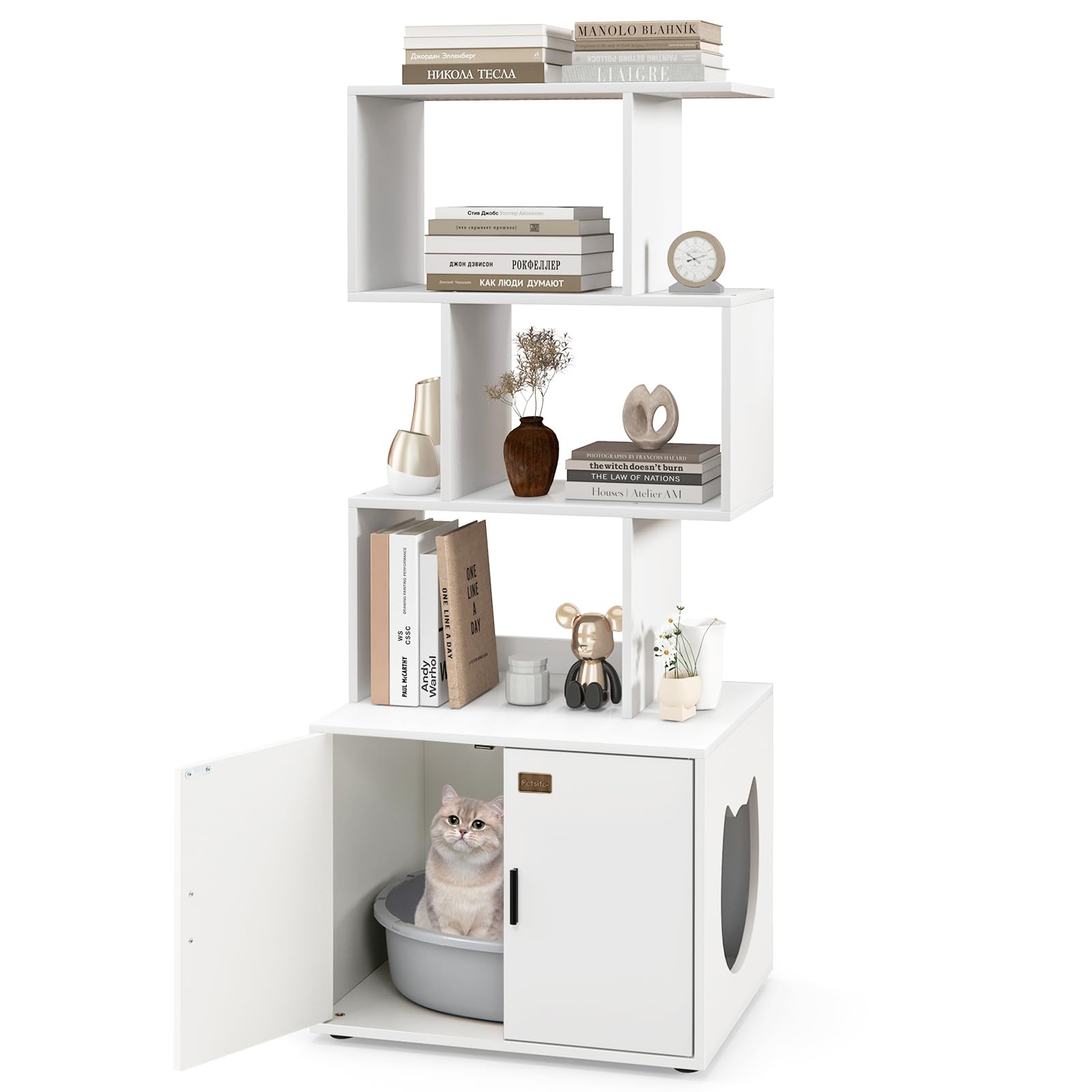 Petsite Cat Litter Box Furniture With 3 Shelves And Doors, 56 Inch Tall Cat Box Enclosure With Display Shelves And Side Entry, I