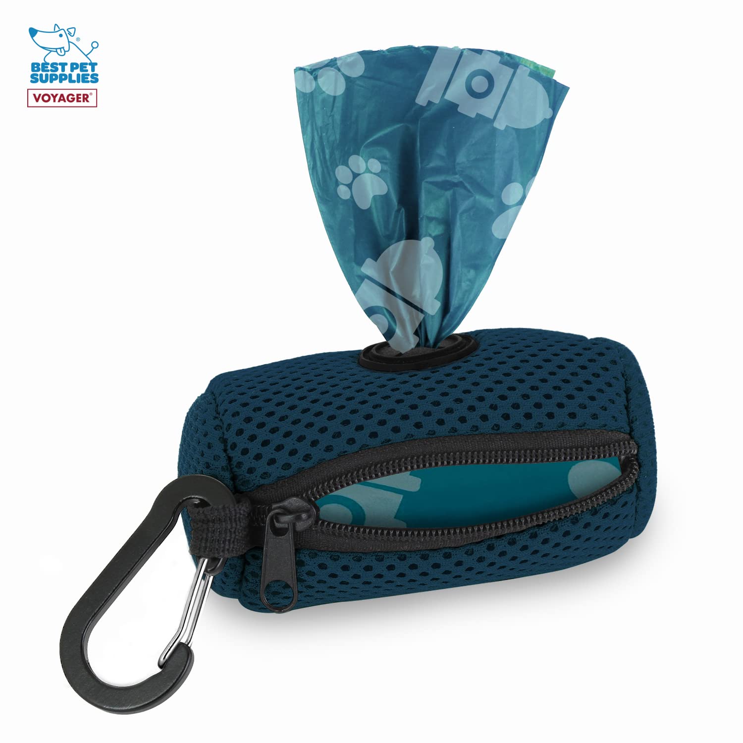 Best Pet Supplies Dog Poop Bag Holder Leash Attachment With 15 Bags, Blue, Reusable Mesh Dispenser Pouch For Travel, Walking, Pa