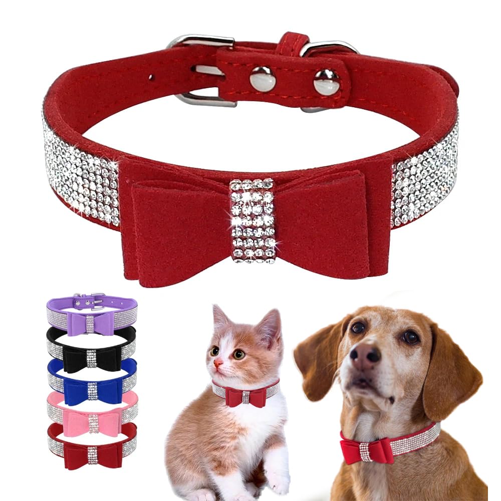 Red Rhinestone Puppy Collar With Bow, Girl Bling Cat Collars Diamond Female Fancy Sparkly Jewelry Cute Adjustable For Xxs Xs Sma