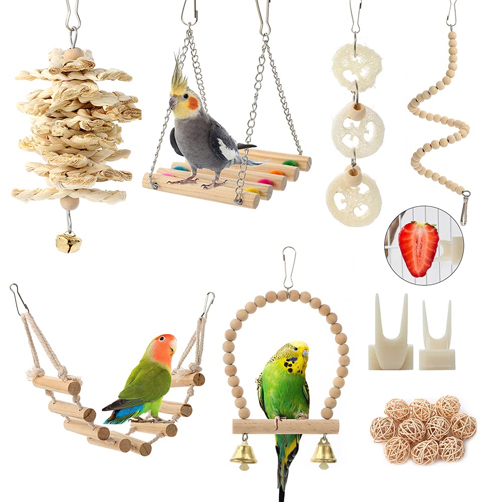 Parrot Toys Swing Hanging,18 Pieces Bird Cage Accessories Toy Perch Ladder Chewing Hammock For Parakeets,Cockatiels,Lovebirds,Conures,Budgie,Macaws,Lovebirds,Finches And Other Small Pets