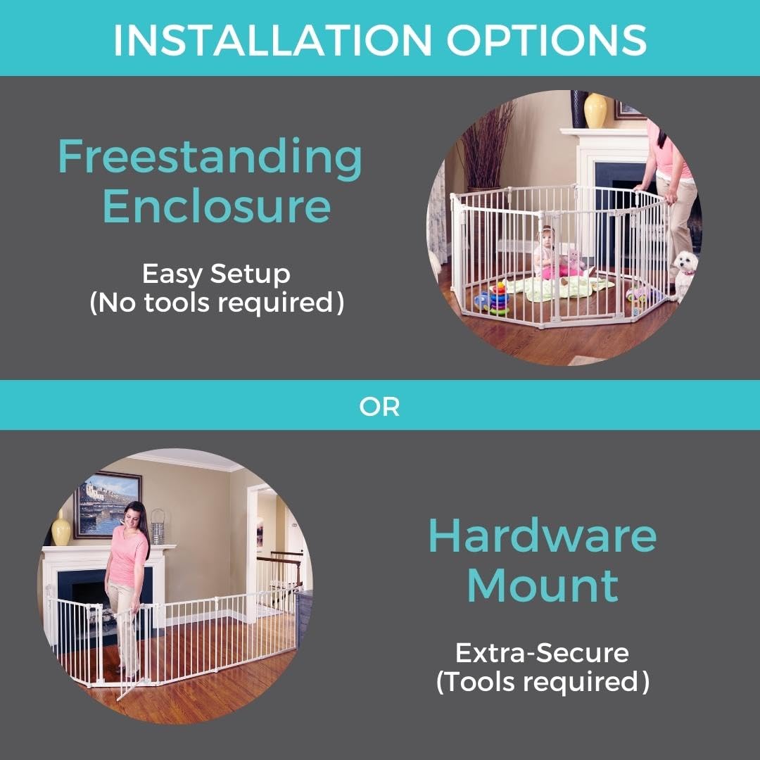 Toddleroo By North States 3 In 1 Metal Superyard 8 Panel Play Yard, Baby Gate, Playpen Or Extra Wide Baby Fence, 199' Wide. Wall Mount Kit Included. 19 Sq Ft Play Yard (30' Tall, Taupe)