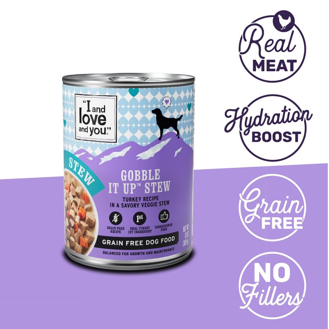 I AND LOVE AND YOU Wet Dog Food - Gobble It Up Stew - Turkey Recipe, Grain Free, Filler Free 13oz can, 12pk