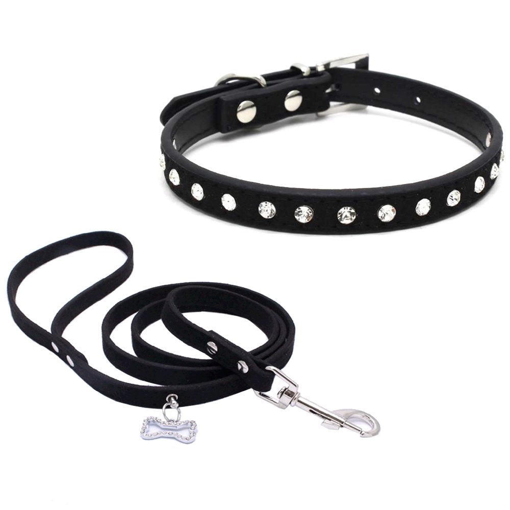 Dogs Kingdom 10 -16.5 Total Length Suede Skin Jeweled Rhinestones Pet Dog Collar Leash Set Sparkly Crystal Diamonds Studded Leat