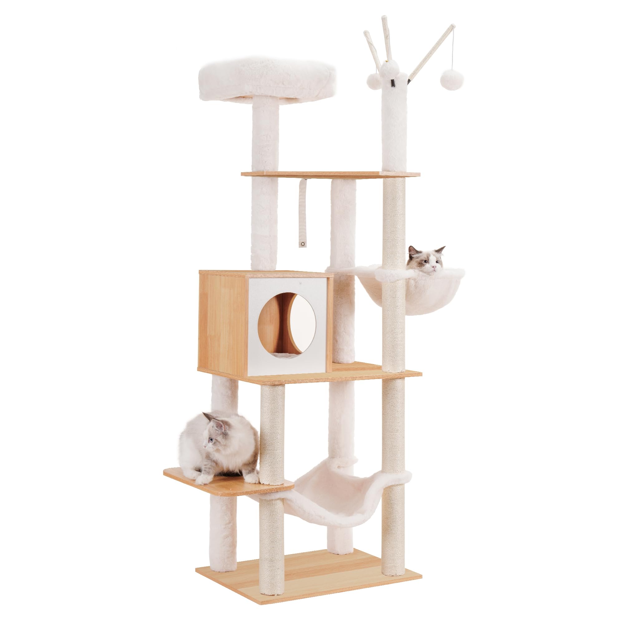 Hey-Brother Wooden Cat Tree, 66.1 Cat Furniture With Scratching Posts, Modern Cat Tower With Hammocks, Toys, Cat Condo, Walnut M