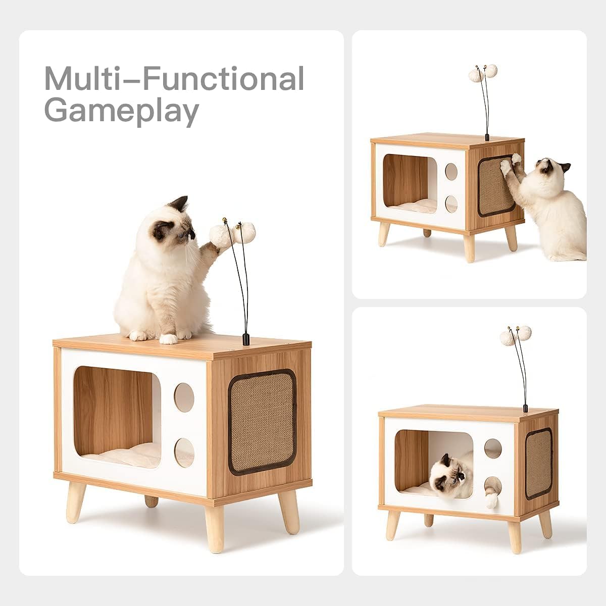 Cat House Wooden Condo Cat Bed Indoor Tv-Shaped Sturdy Large Luxury Cat Shelter Furniture With Cushion Cat Scratcher Bell Ball T