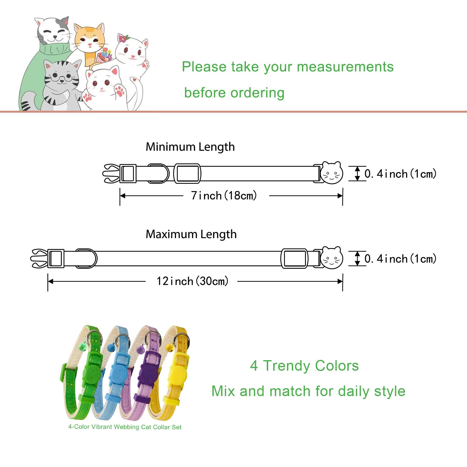 Superbuddy Cat Collars Breakaway With Bell - 4 Pack Cat Safety Collars For Boys & Girls - Safety Buckle Kitten Collar For Pet Su