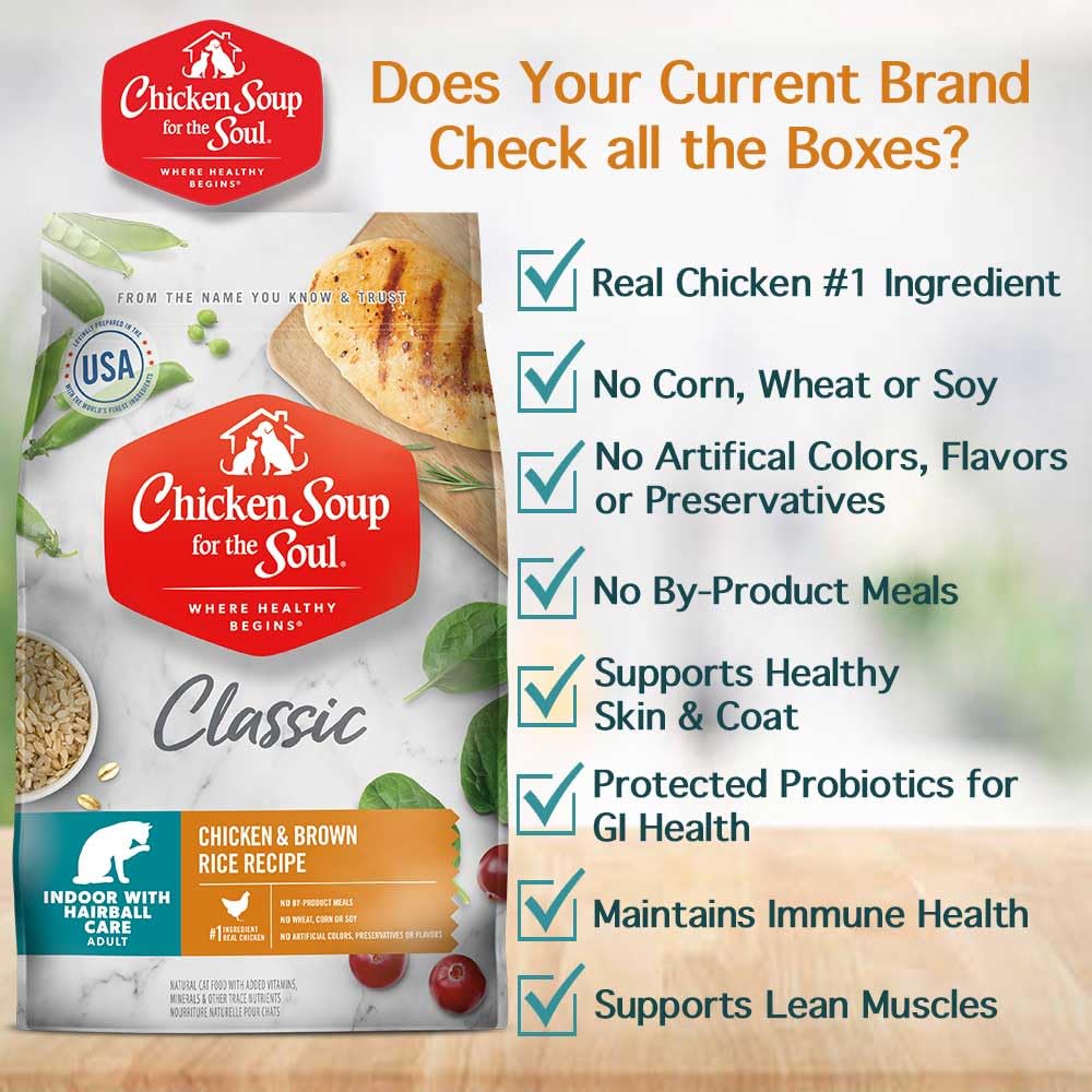 Chicken Soup for the Soul All Natural Premium Indoor w/Hairball Care Adult Dry Cat Food, Real Meat First Ingredient, No By-Produ