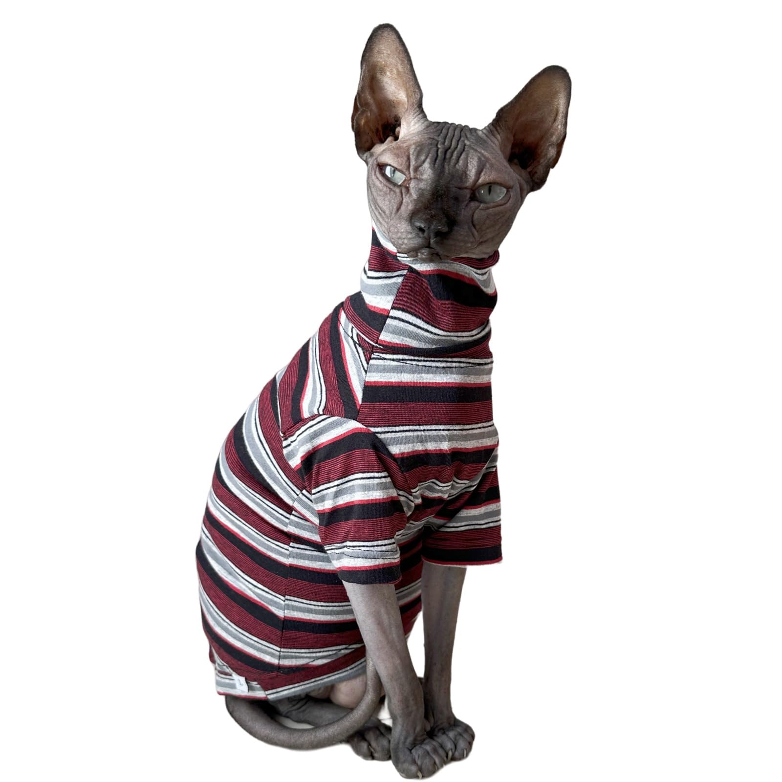 Vintage Stripes Sphynx Hairless Cats Shirt Cotton Cat Turtleneck Pet Clothes Kitten T-Shirts With Sleeves For Sphynx Cats (Old S