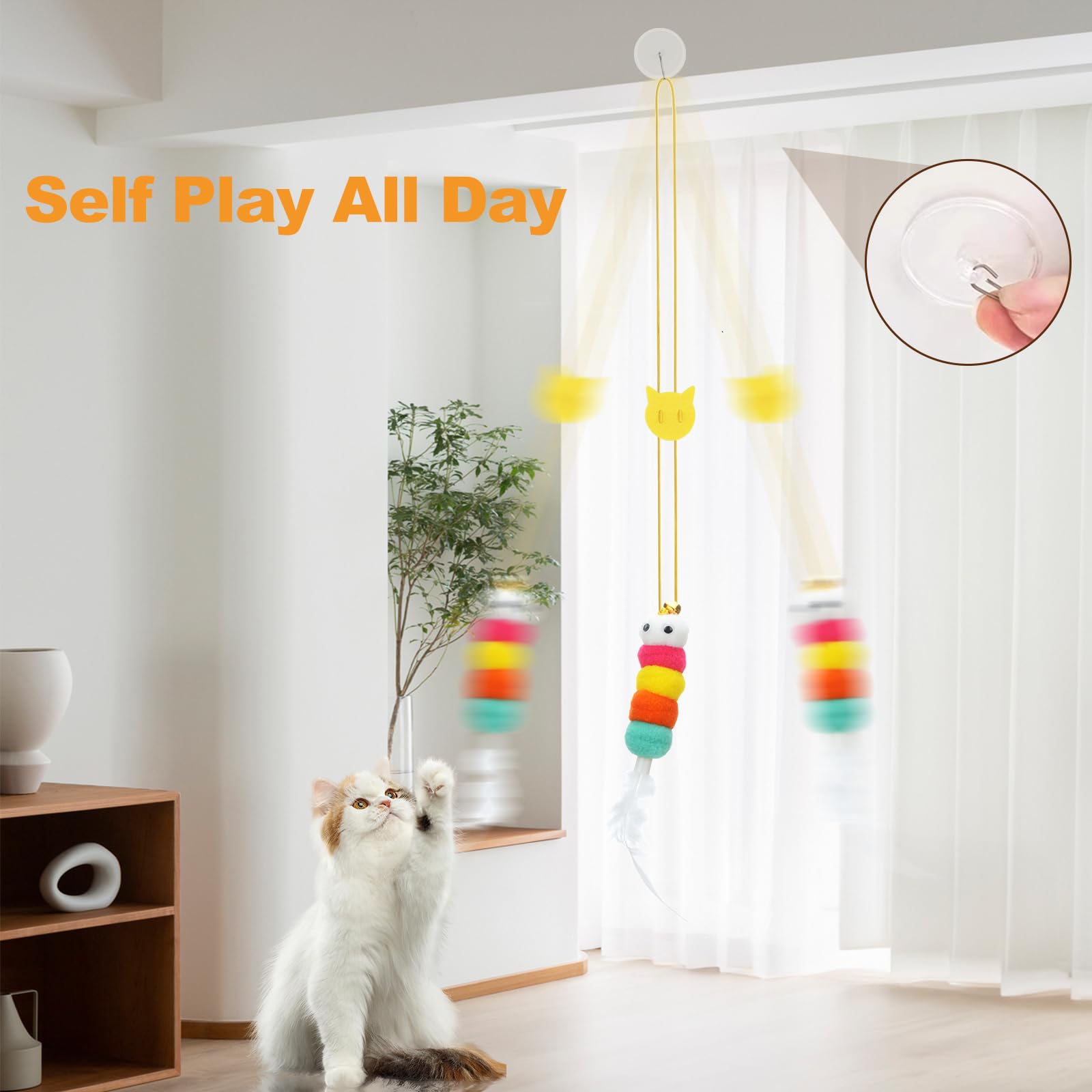 Jiaron 6 Pcs Interactive Cat Feather Toys, Indoor Hanging Retractable Cat Toy, Self Play Toys Make Fun Excecise