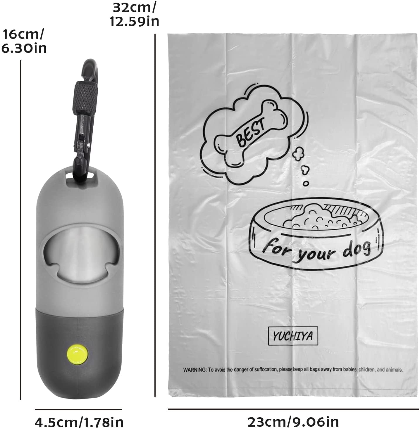 Dog Poop Waste Bags Holder With Led Flashlight|Cute Doggie Poo Bags Dispenser For Pet Leash|Trash Waste Bags Carrier With Potty Clip Fastener Lr44 Button Cells Included (Grey, 2 Holder 30 Bags)