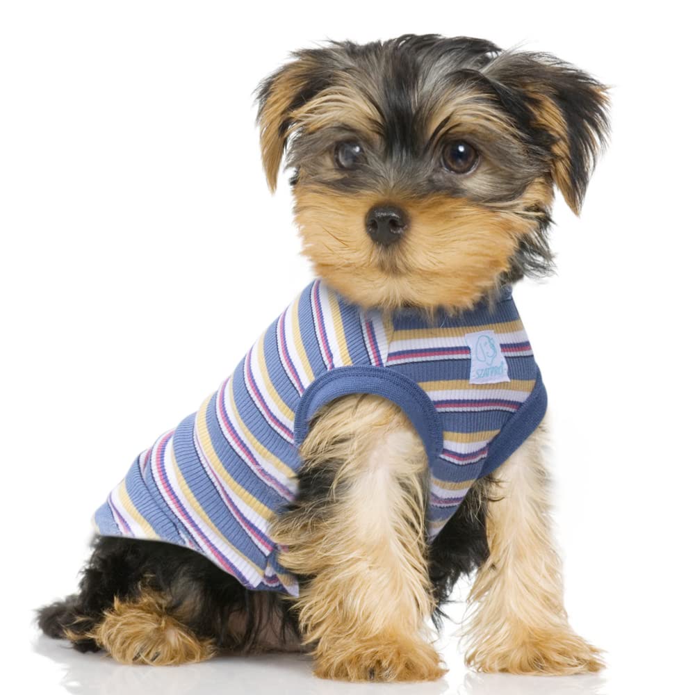 Szat Pro Striped Teacup Pet Dog T-Shirts, 100% Cotton Tank Vest For Small Dogs And Cats, Sleeveless Puppy Clothes For Chihuahua Yorkie Blue Yellow, X-Small