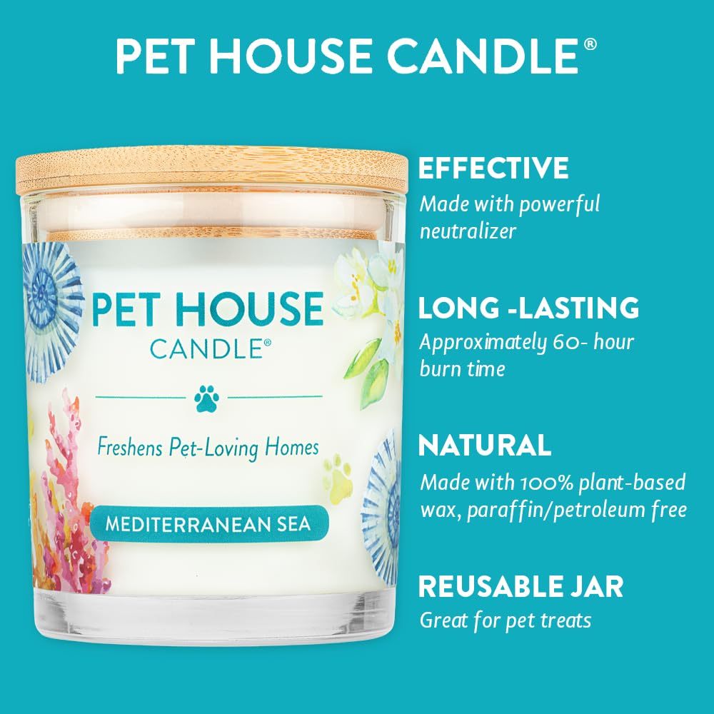 One Fur All Pet House Candle Plant-Based/Soy Candle - Clean Burning Scented Candles, Long Lasting Pet Odor Candle For Home - Mediterranean Sea