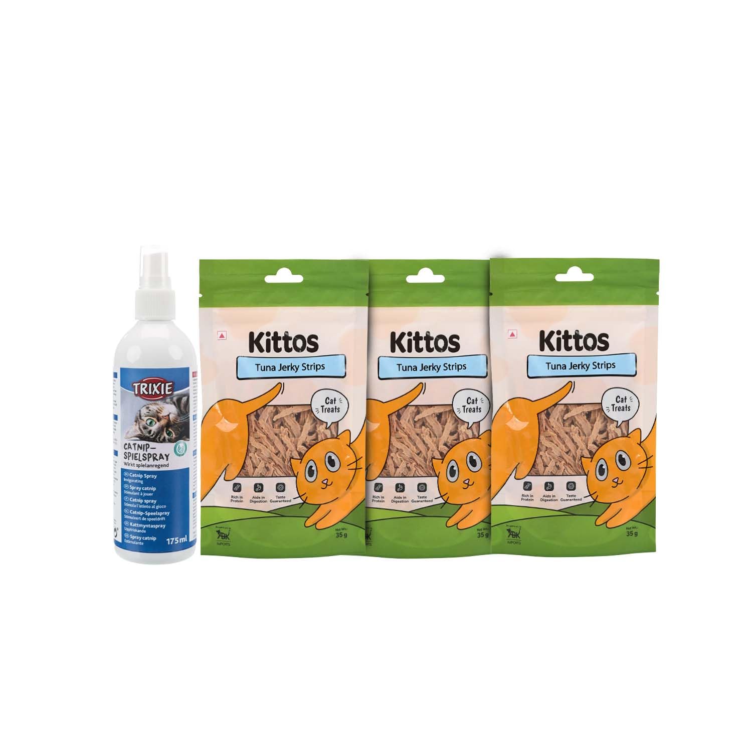 Combo Of  Trixie Catnip Play Spray Toy | Stimulate Playful Behaviour In Cats  175Ml With Kittos Tuna Jerky Strip, 105 G | Best