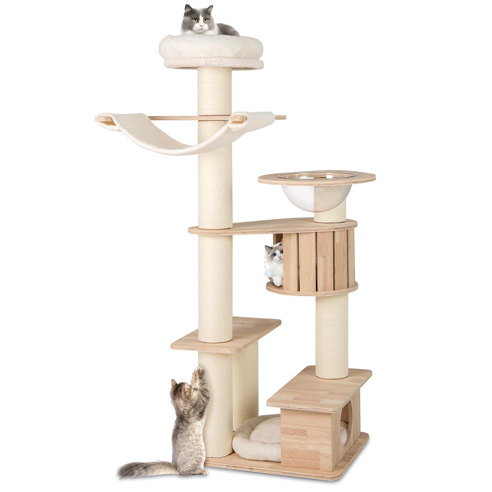 PETSITE 69 Inch Tall Wood Cat Tree, Multi-Level Modern Cat Tower with 5.7 inch Scratching Posts, Double Cat Condos, Space Capsul