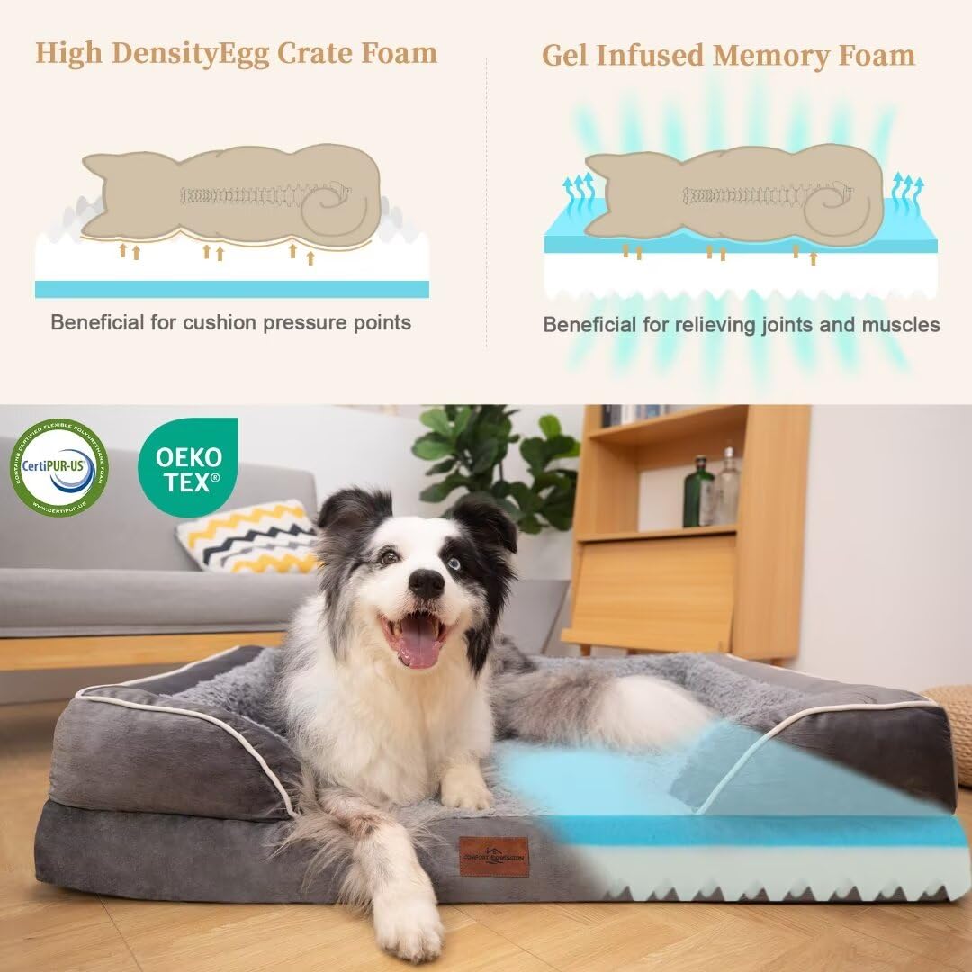 Comfort Expression Cooling Dog Bed, Orthopedic Memory Foam Dog Bed, Dog Beds For Extra Large Dogs, Xl Dog Bed With Removable Cover, Waterproof Pet Bed Large With Bolster(X-Large,Silver Grey)