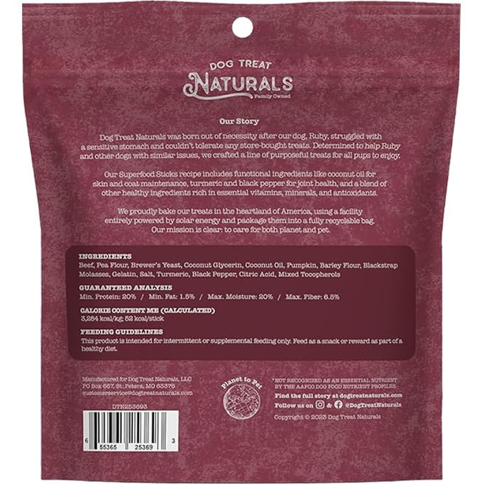 Dog Treat Naturals Beef & Pumpkin Superfood Sticks for Dogs | All-Natural Premium Training Dog Treats | Contains Turmeric for Jo