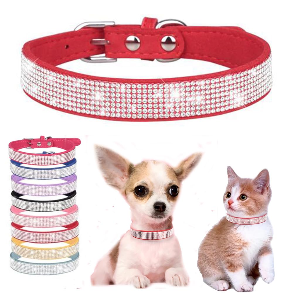Red Bling Cat Collar, Rhinestone Dog Collars Girl Diamond Puppy Collar Female Sparkly Sparkle Jewelry Cute Adjustable For Xxs Xs
