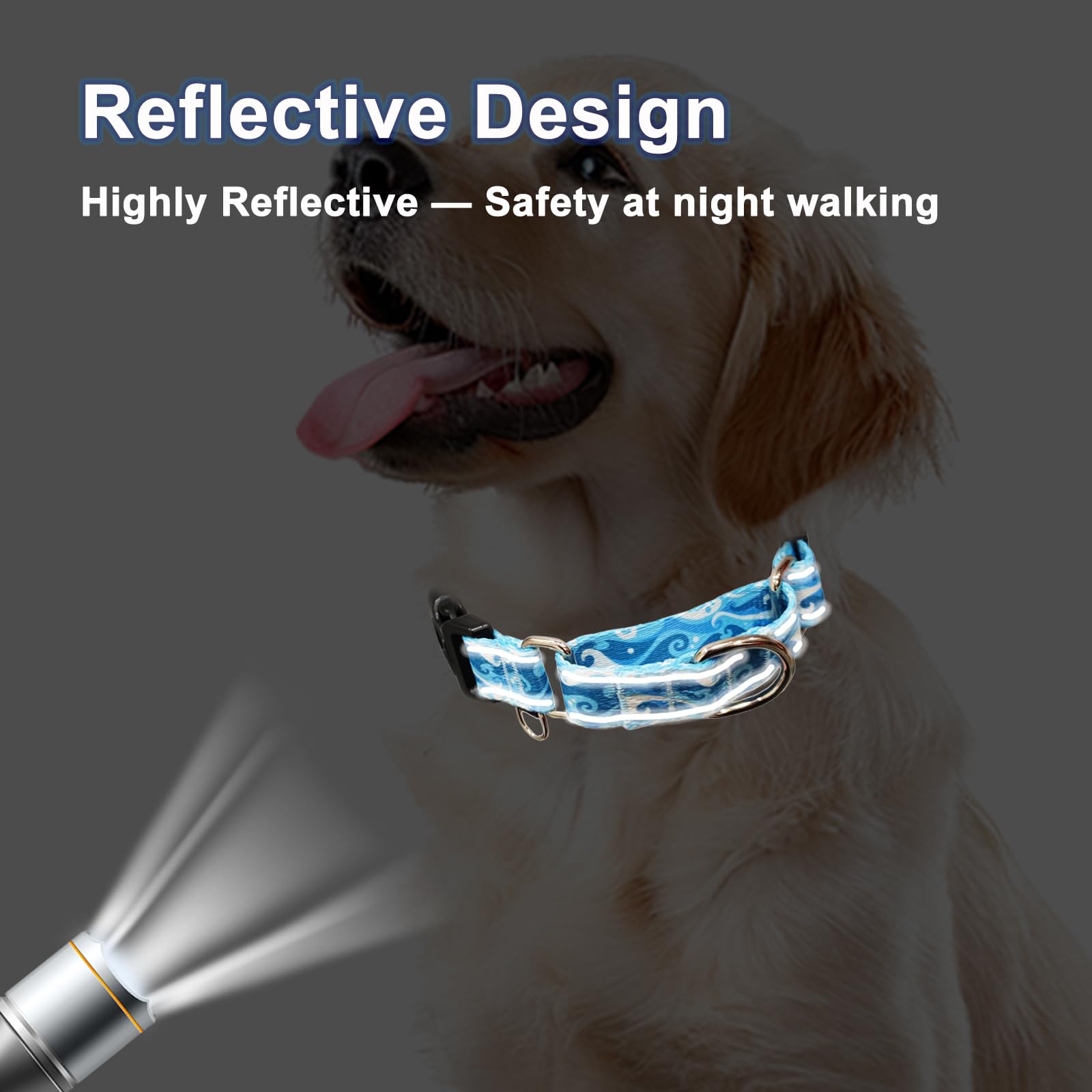 Fidohug Reflective Martingale Collar With Quick Release Buckle Anti Pulling Boy Male Adjustable Dog Collars (Blue Waves, Medium)