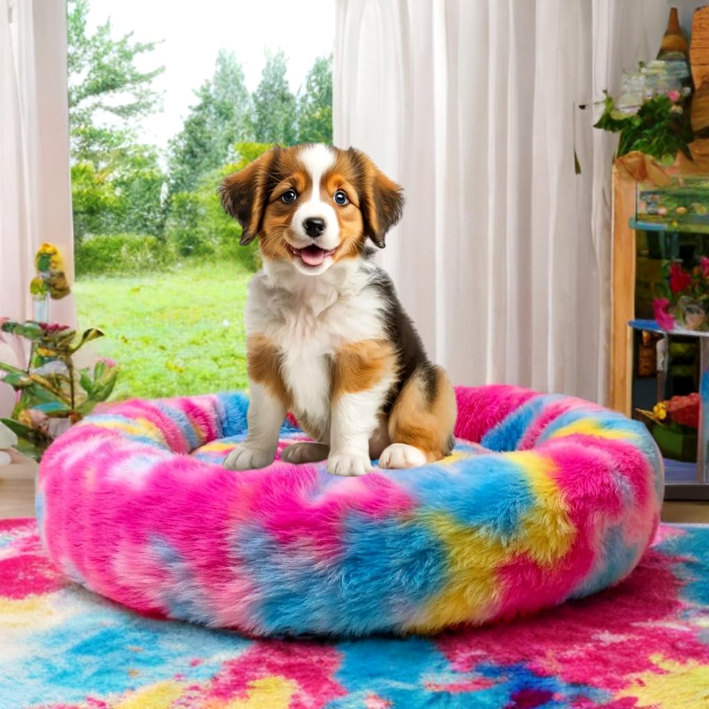 RvPaws Faux Fur Pet Beds for Indoor, Dog Bed for Small & Puppy, Soft Fluffy Donut Cuddler Washable Round Pet Bed for Puppy and K