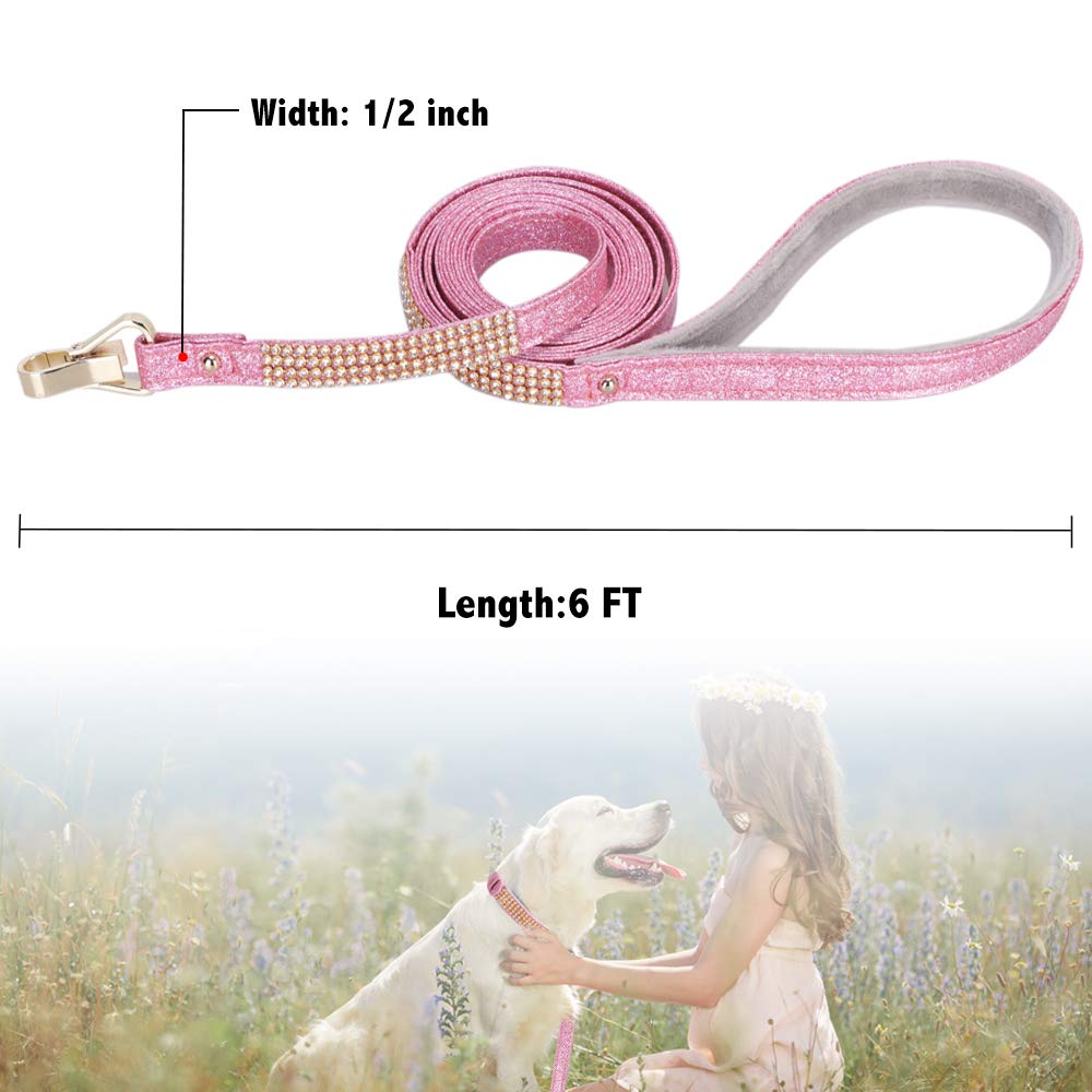 Petshome Dog Leash, Pet Leash, [Bling Rhinestones] Premium Pu Leather Durable And Soft 6 Ft Leash For Control Safety Training, Walking Lead For Small To Medium Dogs Pink
