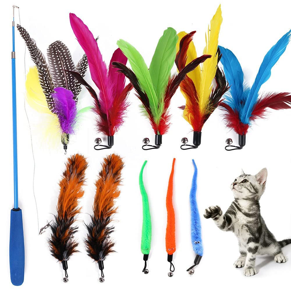 Annie Retractable Interactive Cat Teaser Rods, 11 Pcs Replacement Colorful Feather Refills With Bells Kitten Toys Variety Of Vib