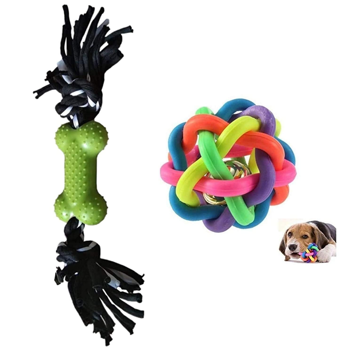 Picckola International Puppies Chew Toy  2 Knot Teething Bone Rope Toy | Rainbow Color Ball (M)  (Color May Vary, Pack Of Two)
