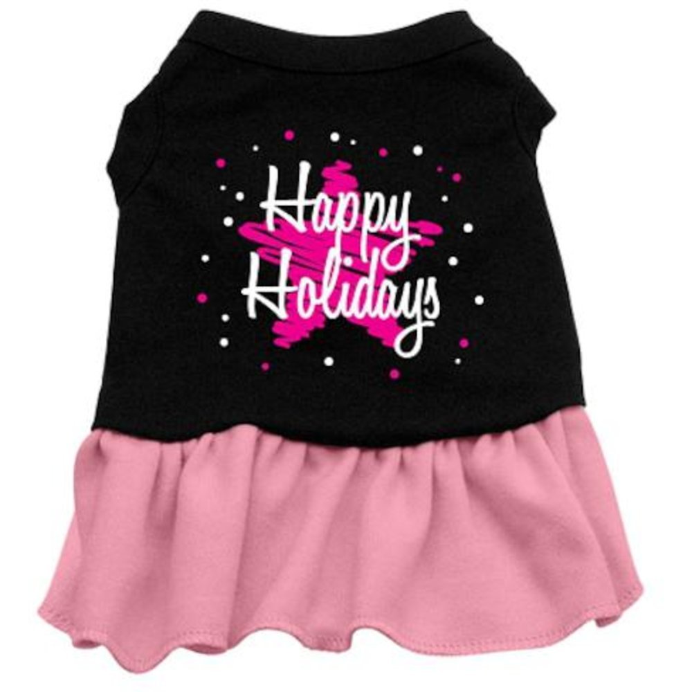Christmas Pet Dog & Cat Dress Screen Printed, &quot;Scribble Happy Holidays&quot; Black W/Light Pink XS (0-3 lbs.)